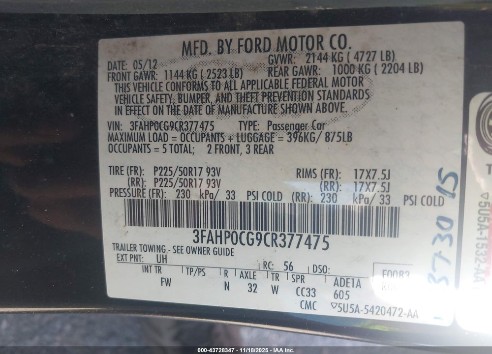 2012 FORD FUSION SEL VIN: 3FAHP0CG9CR377475