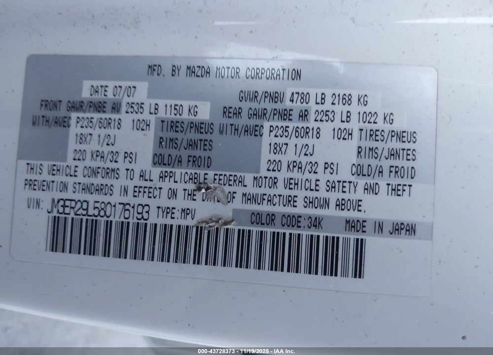 2008 MAZDA CX-7 SPORT VIN: JM3ER29L580176193