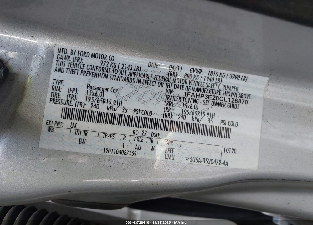2012 FORD FOCUS S VIN: 1FAHP3E28CL126870