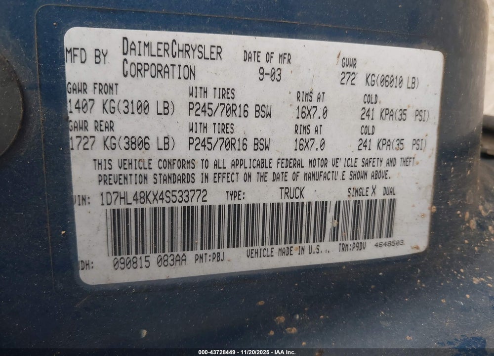 2004 DODGE DAKOTA SLT VIN: 1D7HL48KX4S533772