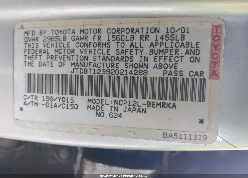 2002 TOYOTA ECHO VIN: JTDBT123920214288