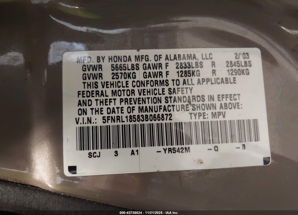2003 HONDA ODYSSEY LX VIN: 5FNRL18583B066872