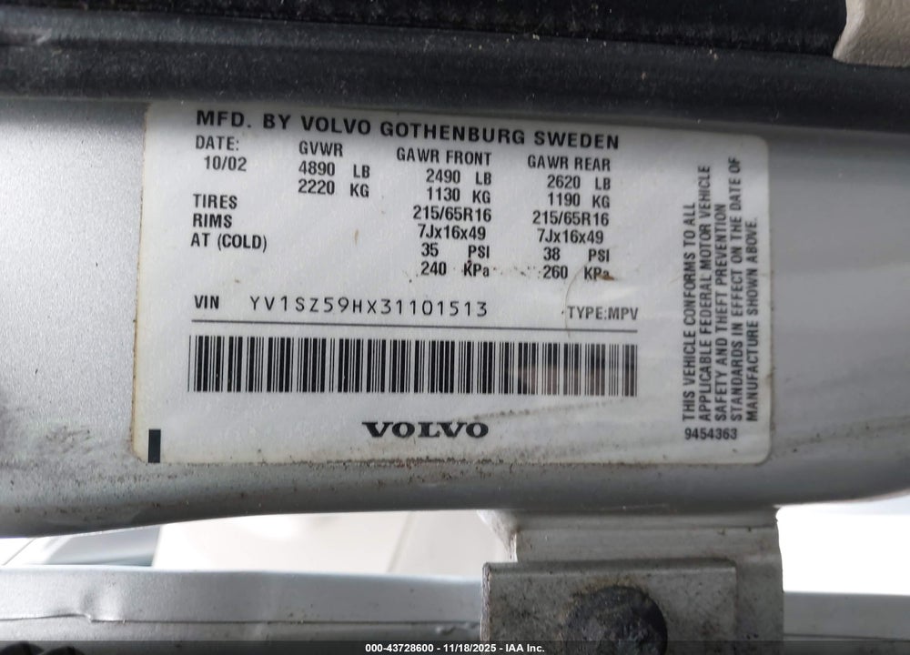 2003 VOLVO XC70 2.5T VIN: YV1SZ59HX31101513