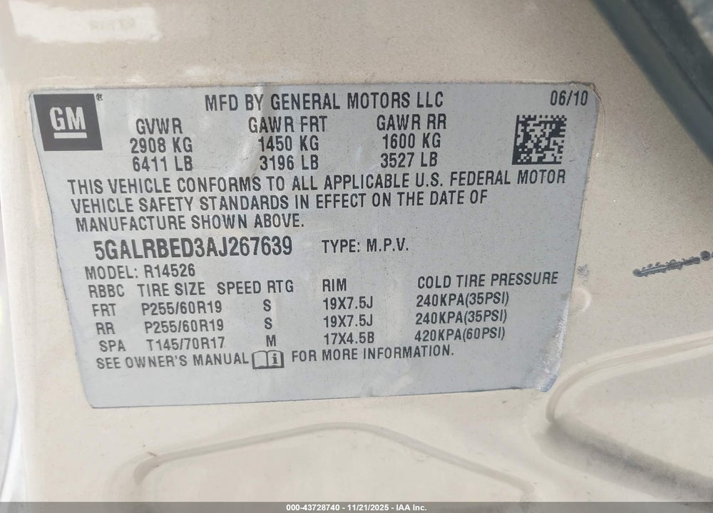 2010 BUICK ENCLAVE 1XL VIN: 5GALRBED3AJ267639