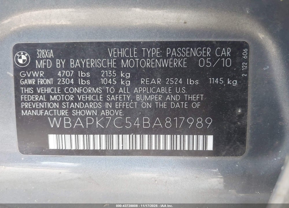2011 BMW 328I XDRIVE VIN: WBAPK7C54BA817989