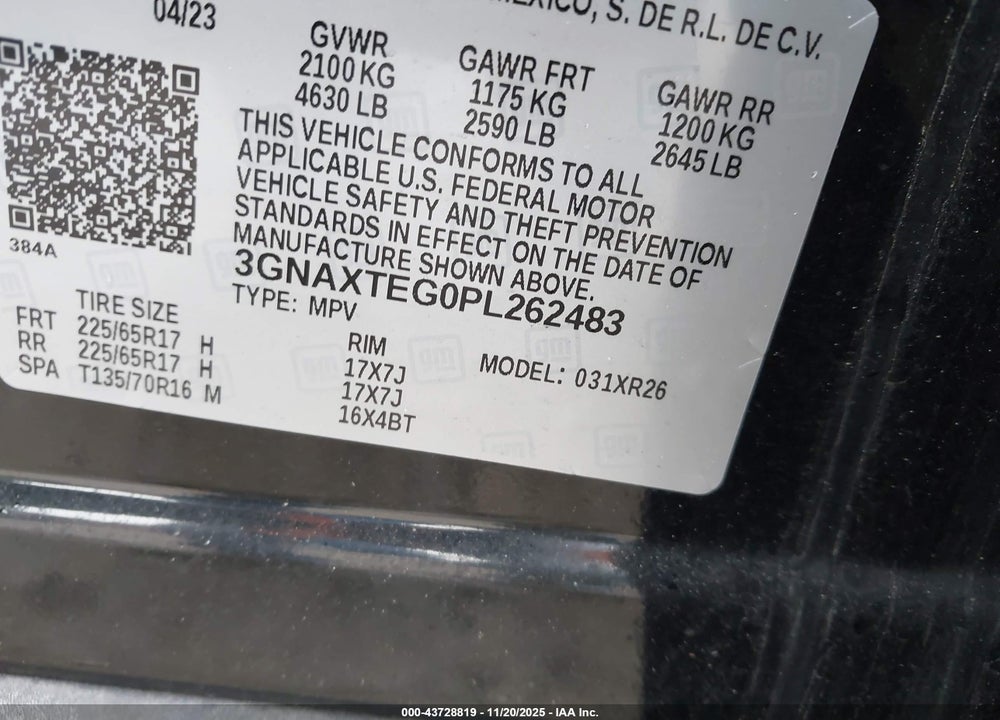 2023 CHEVROLET EQUINOX AWD 2FL VIN: 3GNAXTEG0PL262483