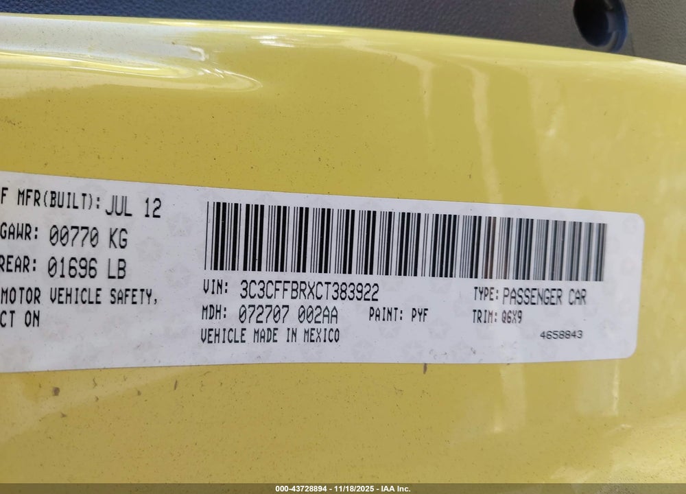 2012 FIAT 500 SPORT VIN: 3C3CFFBRXCT383922