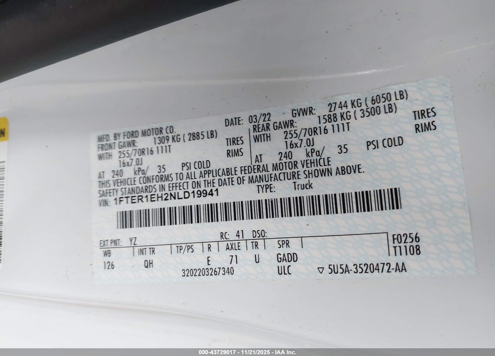 2022 FORD RANGER XL VIN: 1FTER1EH2NLD19941