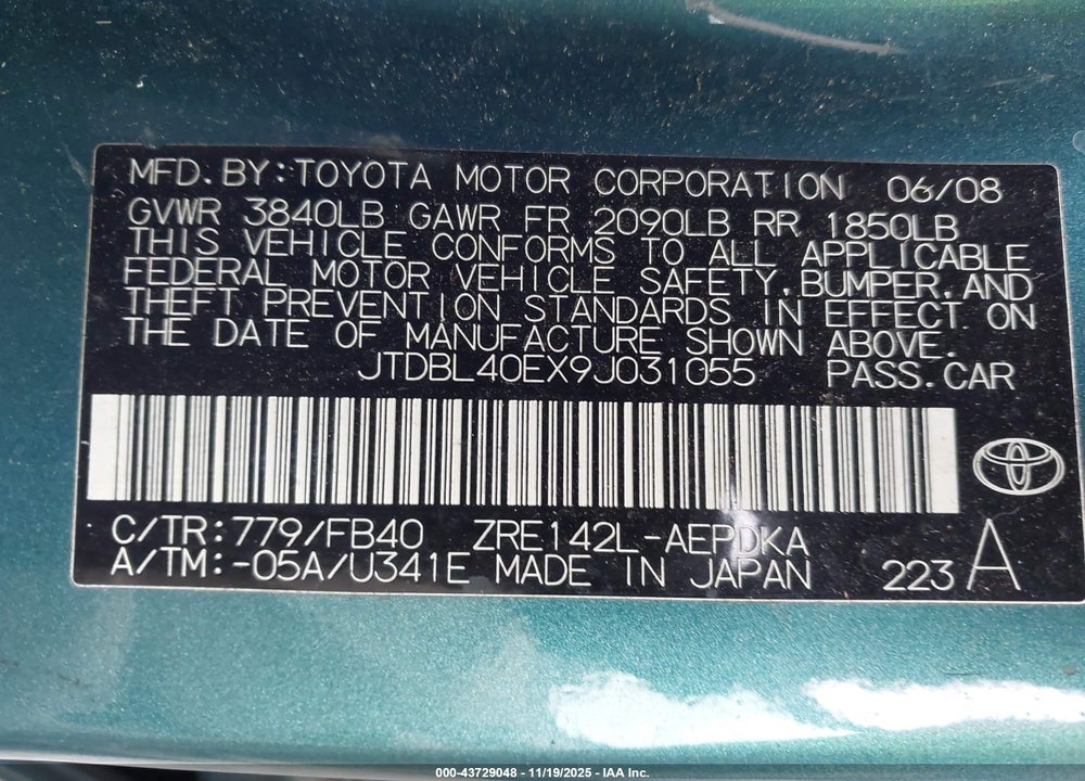 2009 TOYOTA COROLLA VIN: JTDBL40EX9J031055