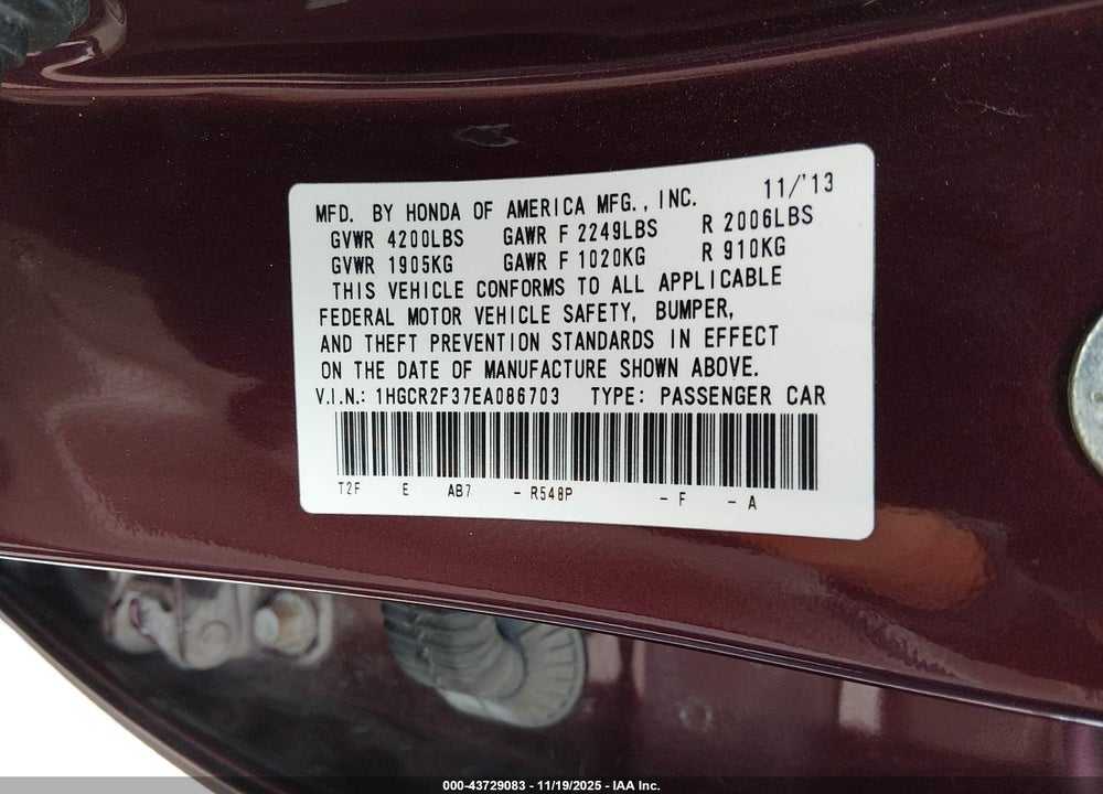 2014 HONDA ACCORD LX VIN: 1HGCR2F37EA086703