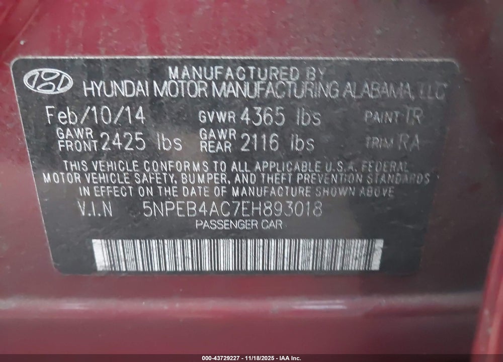 2014 HYUNDAI SONATA GLS VIN: 5NPEB4AC7EH893018