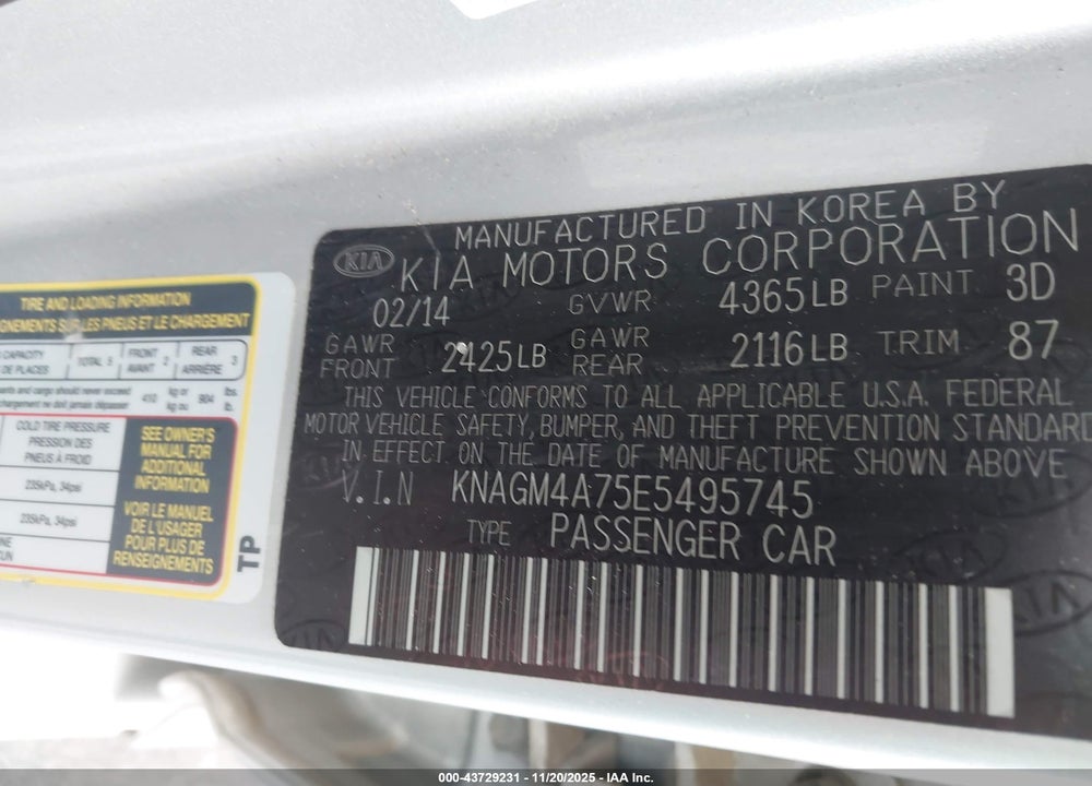 2014 KIA OPTIMA LX VIN: KNAGM4A75E5495745