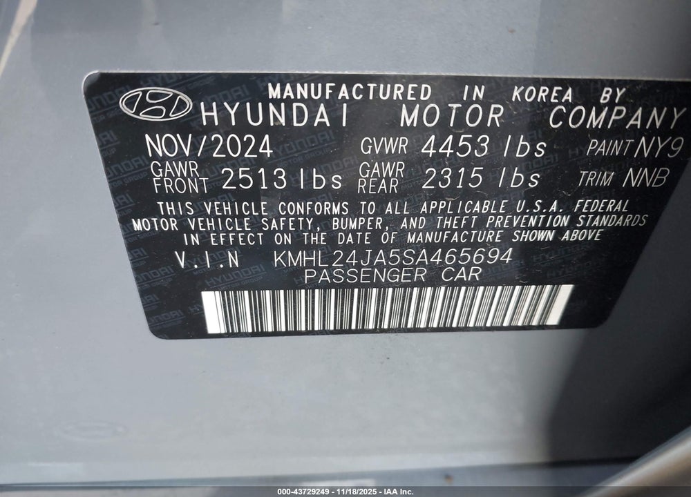 2025 HYUNDAI SONATA SE VIN: KMHL24JA5SA465694