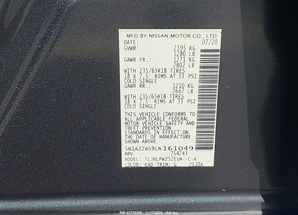 2020 NISSAN MURANO S INTELLIGENT AWD VIN: 5N1AZ2AS9LN161049