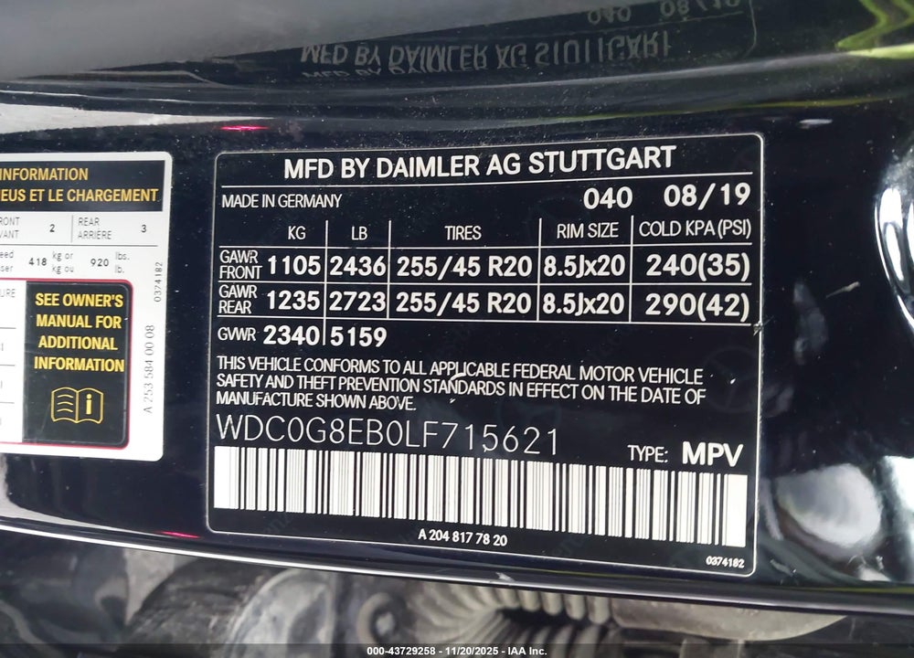 2020 MERCEDES-BENZ GLC 300 4MATIC VIN: WDC0G8EB0LF715621