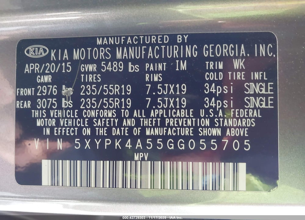 2016 KIA SORENTO 3.3L SXL VIN: 5XYPK4A55GG055705