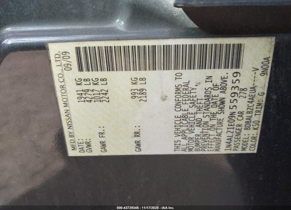 2009 NISSAN ALTIMA 2.5 S VIN: 1N4AL21E09N559359