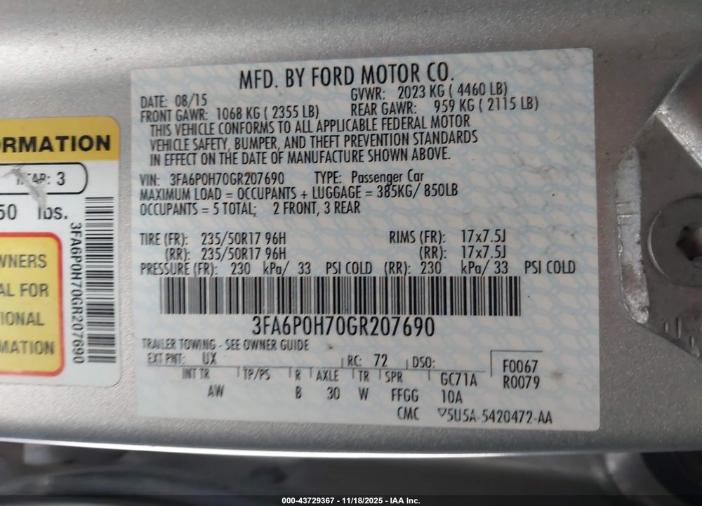 2016 FORD FUSION SE VIN: 3FA6P0H70GR207690