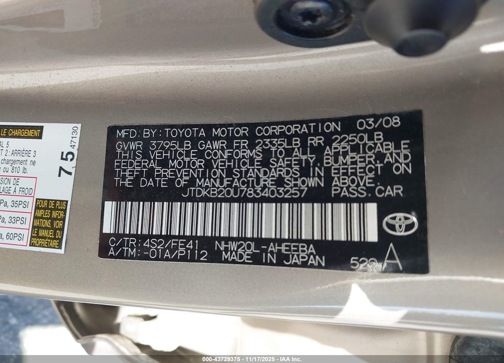2008 TOYOTA PRIUS VIN: JTDKB20U783403257
