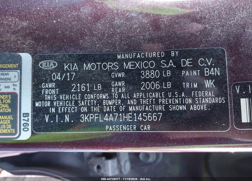 2017 KIA FORTE LX VIN: 3KPFL4A71HE145667