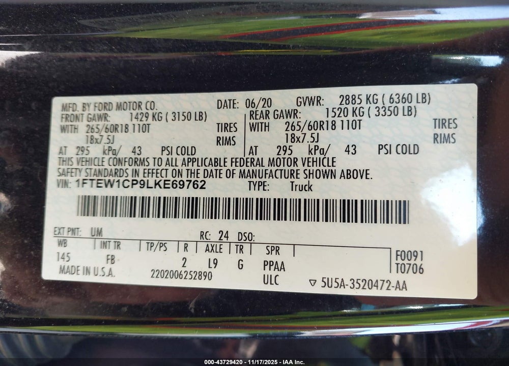 2020 FORD F-150 VIN: 1FTEW1CP9LKE69762