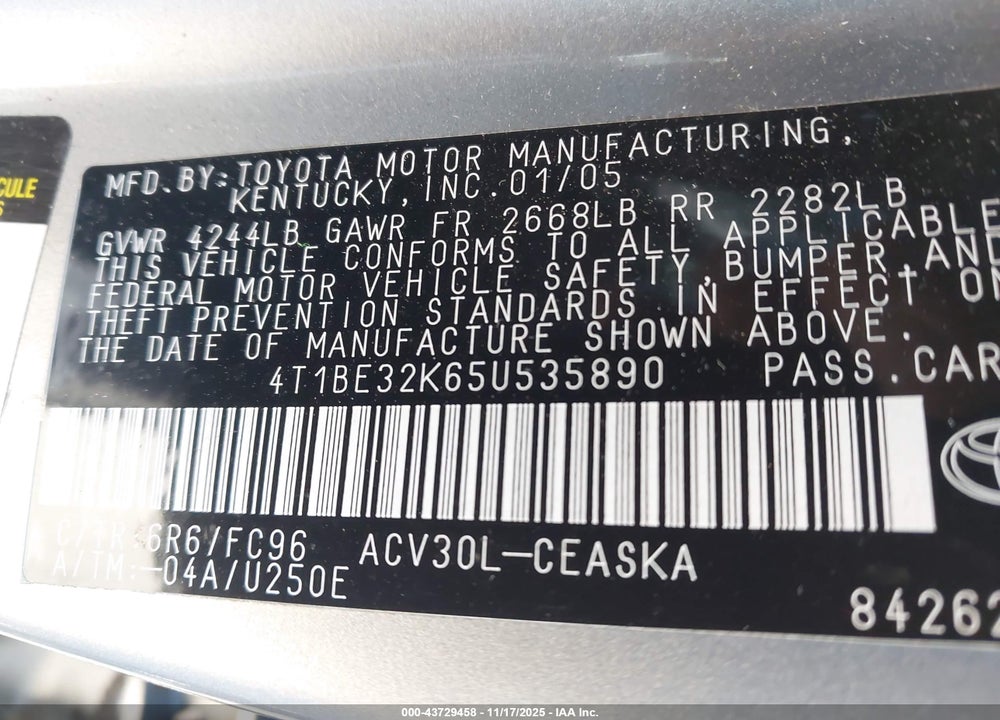 2005 TOYOTA CAMRY SE VIN: 4T1BE32K65U535890