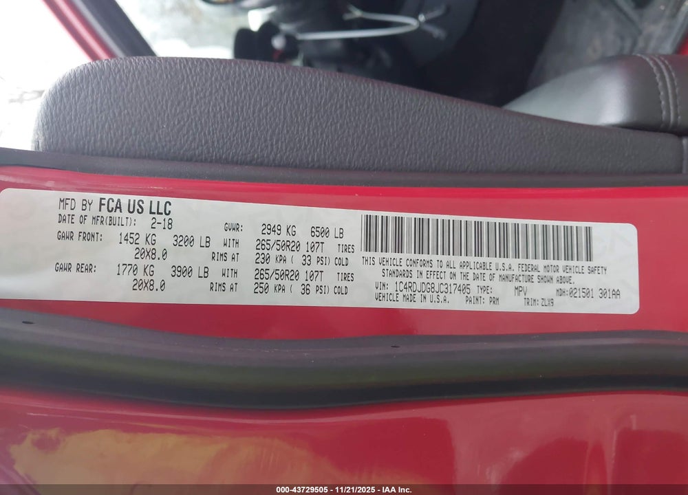 2018 DODGE DURANGO VIN: 1C4RDJDG8JC317405