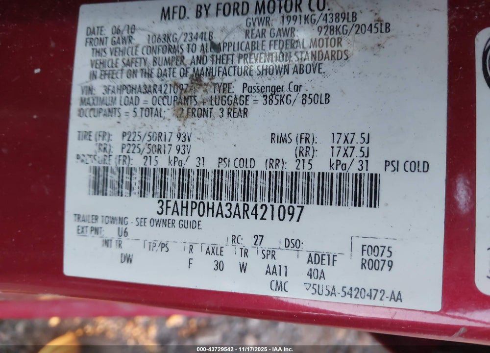 2010 FORD FUSION VIN: 3FAHP0HA3AR421097