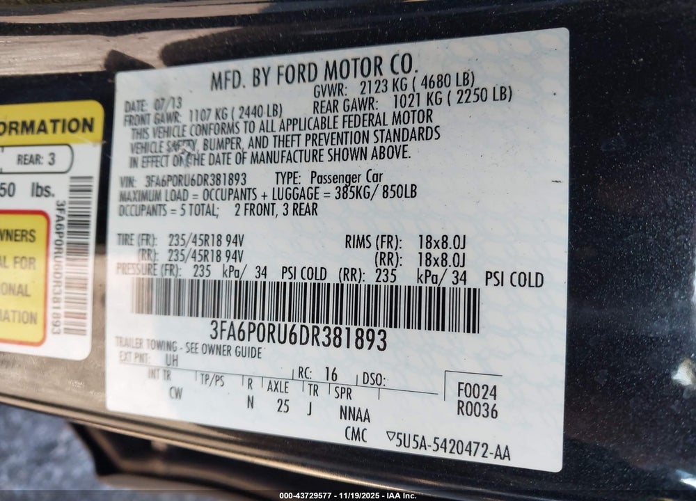 2013 FORD FUSION HYBRID TITANIUM VIN: 3FA6P0RU6DR381893