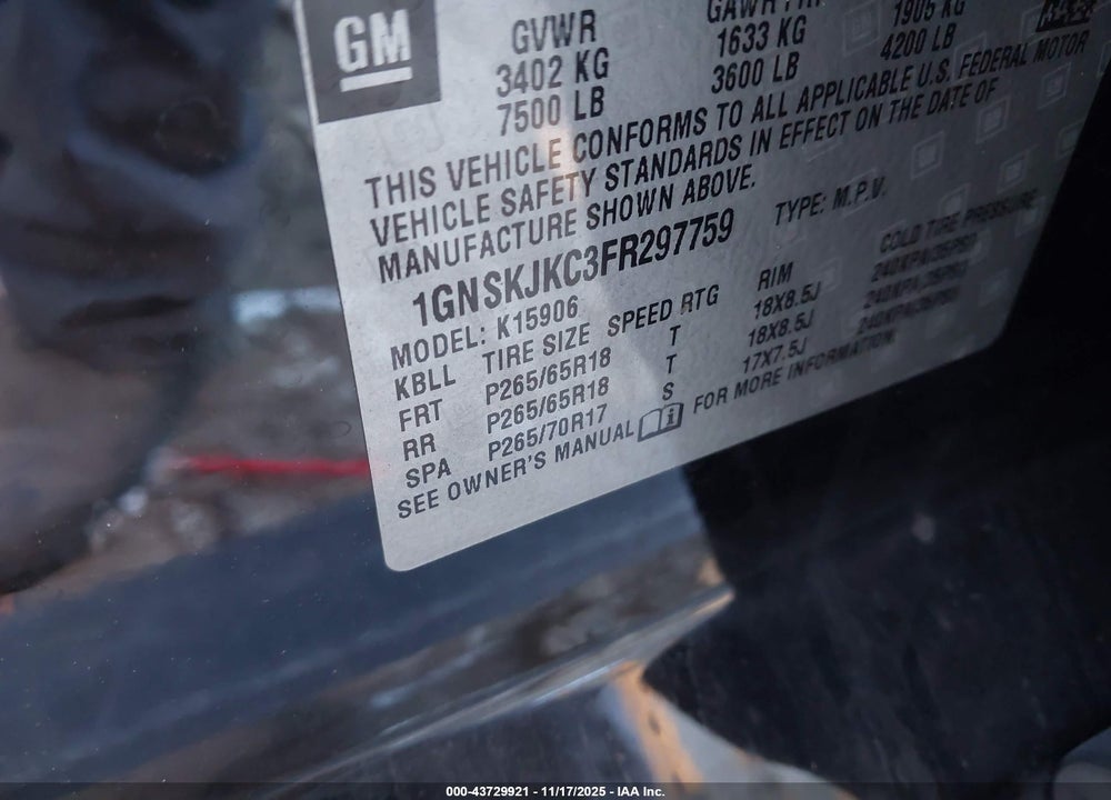 2015 CHEVROLET SUBURBAN 1500 VIN: 1GNSKJKC3FR297759