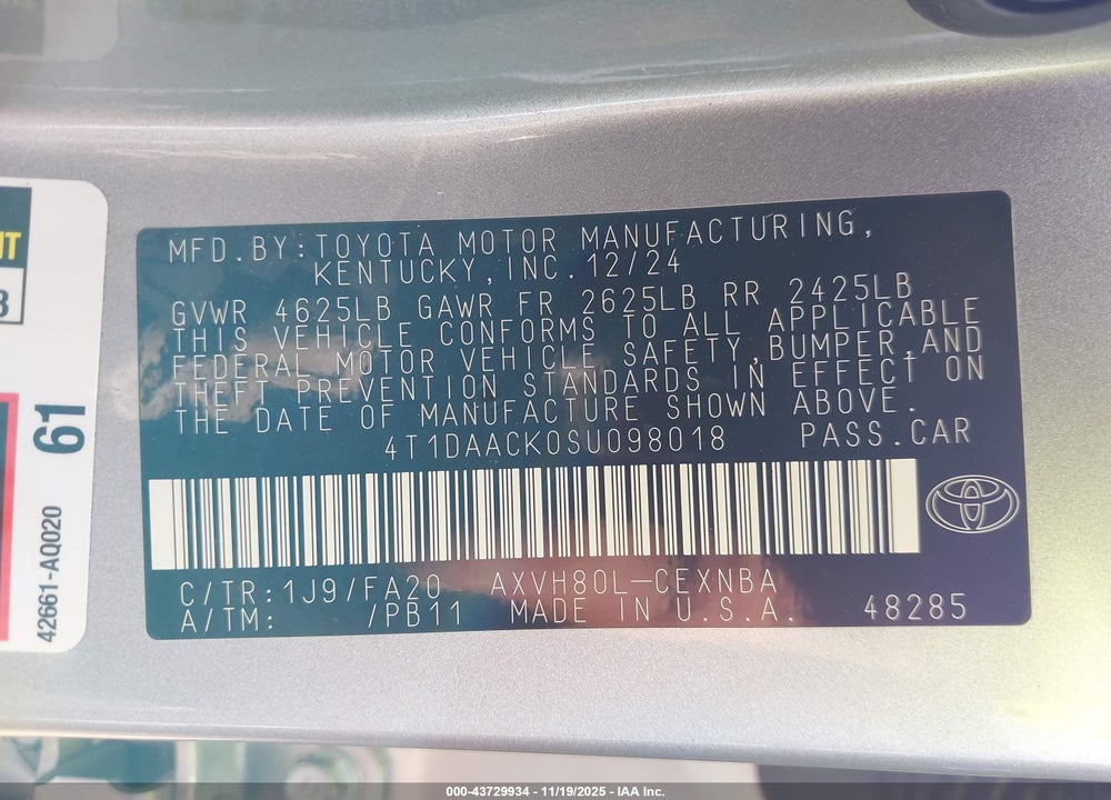 2025 TOYOTA CAMRY LE VIN: 4T1DAACK0SU098018