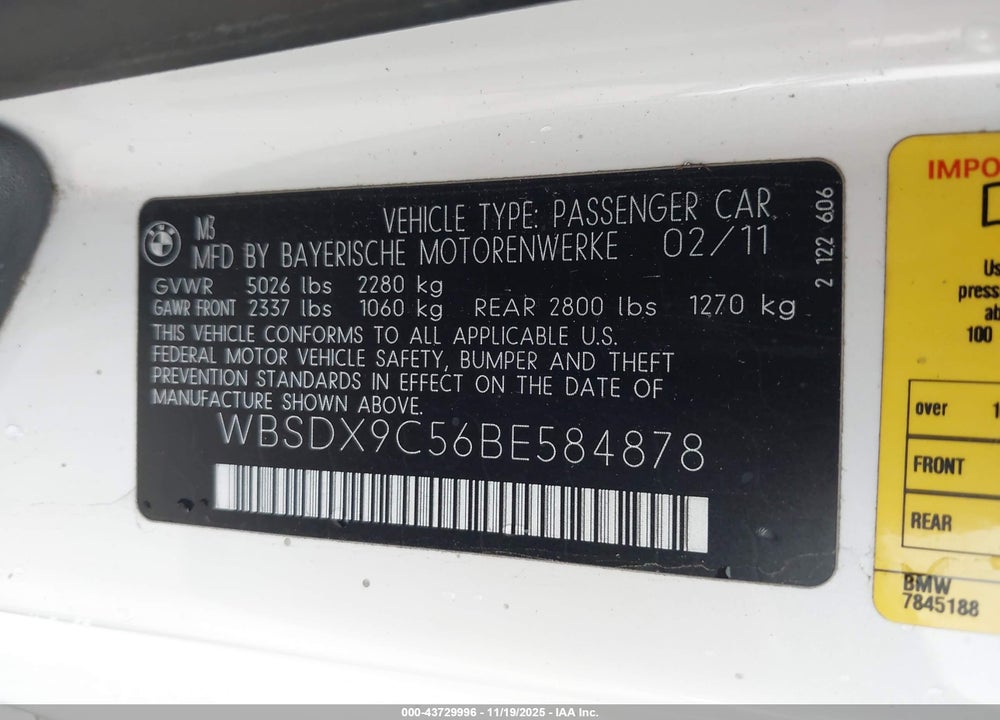 2011 BMW M3 VIN: WBSDX9C56BE584878