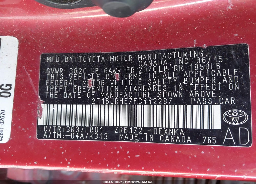 2015 TOYOTA COROLLA LE VIN: 2T1BURHE7FC442287