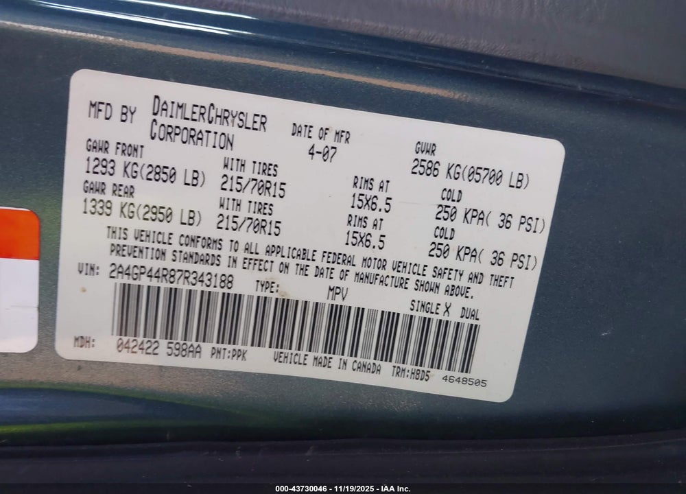 2007 CHRYSLER TOWN & COUNTRY LX VIN: 2A4GP44R87R343188