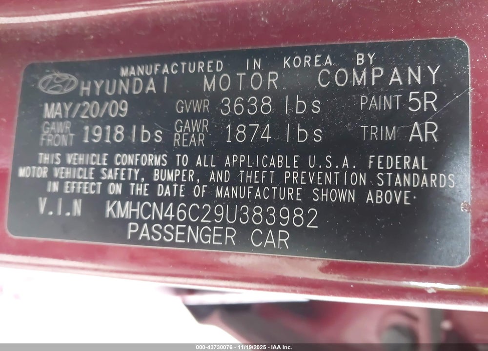 2009 HYUNDAI ACCENT GLS VIN: KMHCN46C29U383982