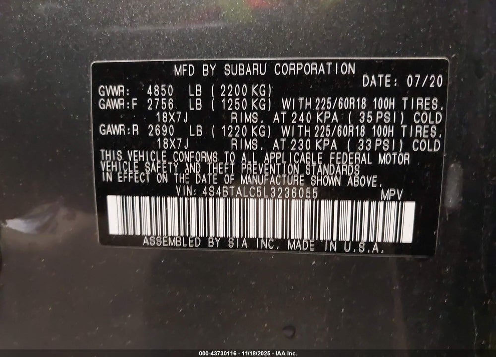 2020 SUBARU OUTBACK LIMITED VIN: 4S4BTALC5L3236055