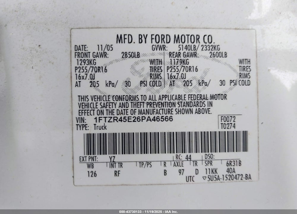 2006 FORD RANGER FX4 LEVEL II/FX4 OFF-ROAD/SPORT/XLT VIN: 1FTZR45E26PA46566