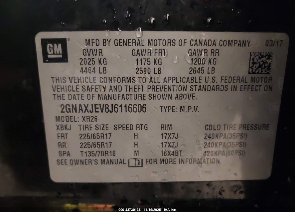 2018 CHEVROLET EQUINOX LT VIN: 2GNAXJEV8J6116606