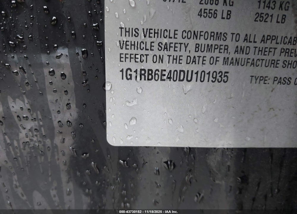 2013 CHEVROLET VOLT VIN: 1G1RB6E40DU101935