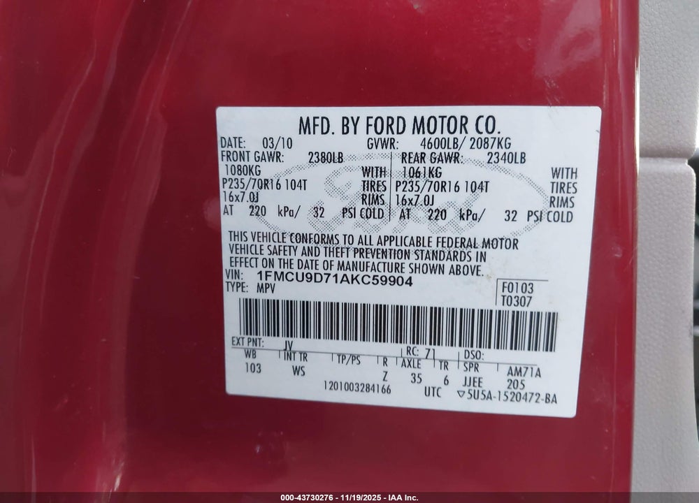 2010 FORD ESCAPE XLT VIN: 1FMCU9D71AKC59904