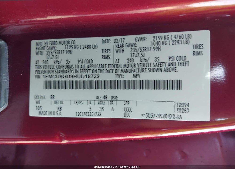 2017 FORD ESCAPE VIN: 1FMCU9GD9HUD18732