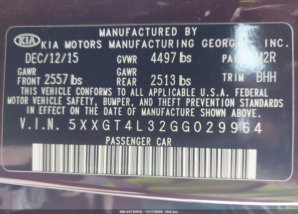 2016 KIA OPTIMA VIN: 5XXGT4L32GG029964