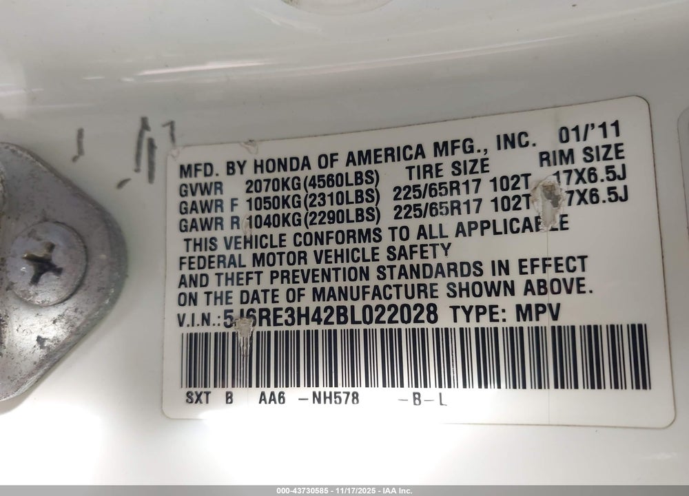 2011 HONDA CR-V SE VIN: 5J6RE3H42BL022028