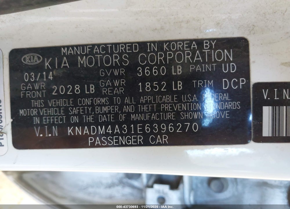 2014 KIA RIO LX VIN: KNADM4A31E6396270