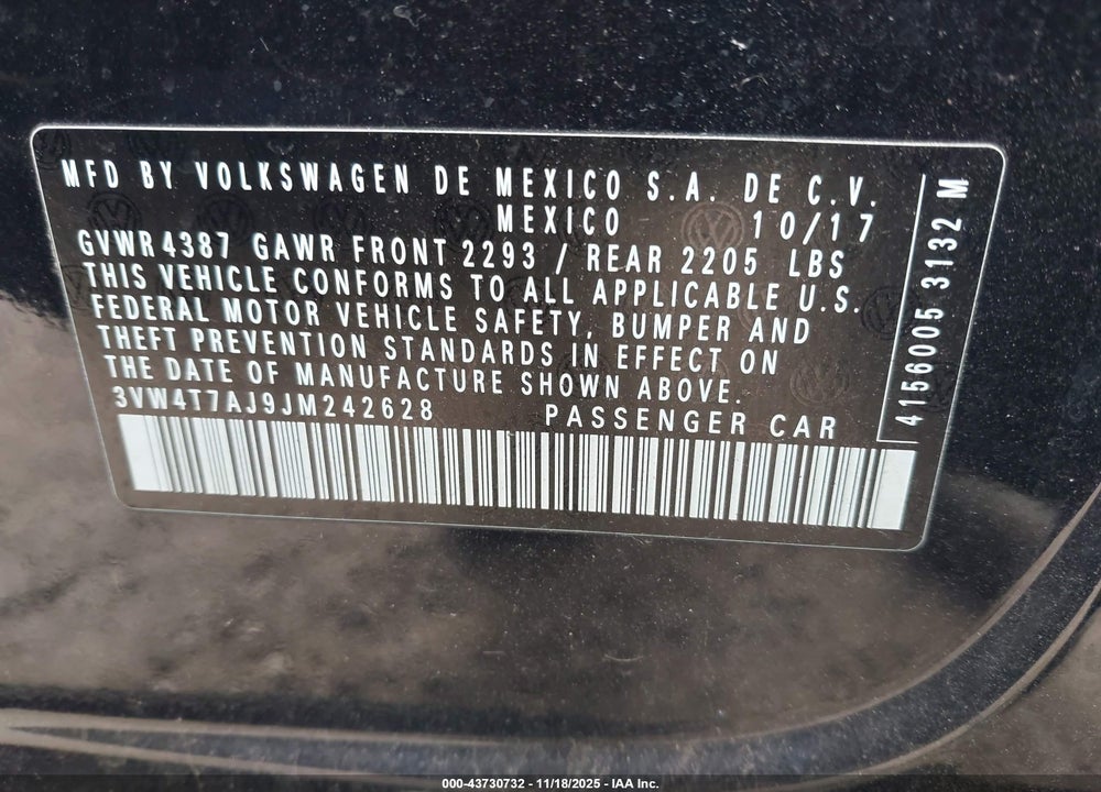 2018 VOLKSWAGEN JETTA VIN: 3VW4T7AJ9JM242628