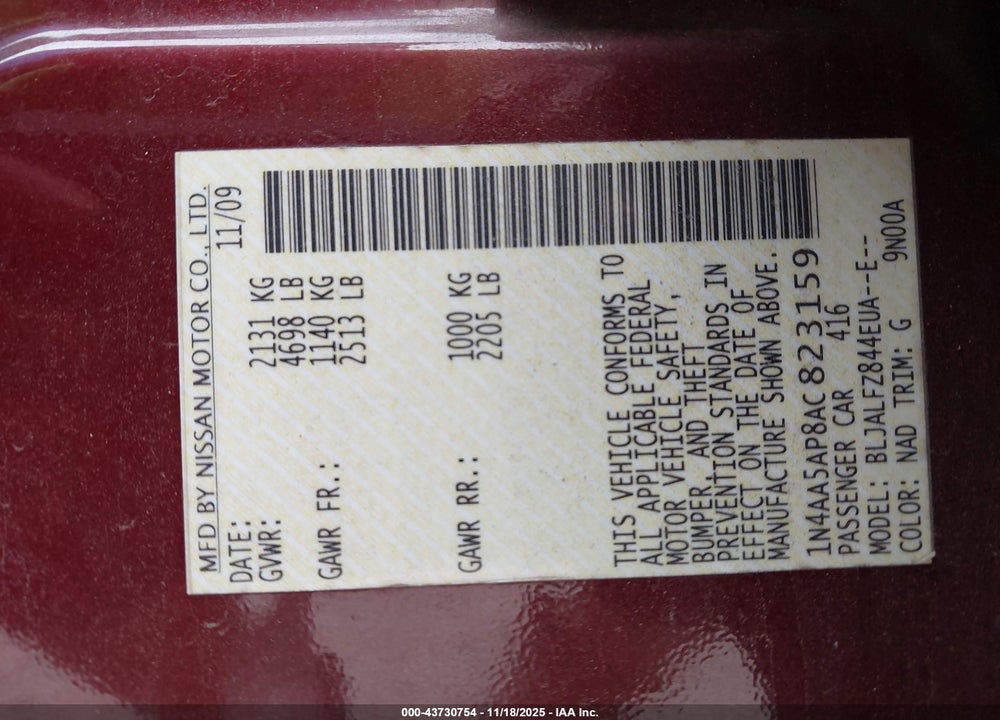 2010 NISSAN MAXIMA 3.5 SV VIN: 1N4AA5AP8AC823159