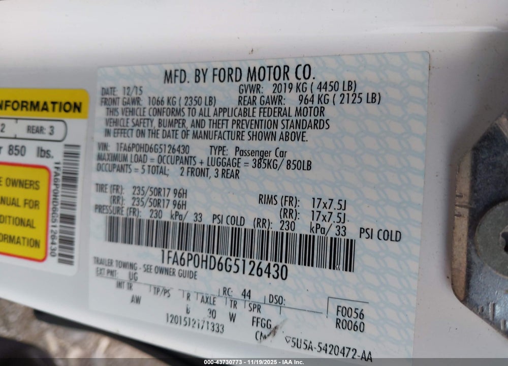 2016 FORD FUSION VIN: 1FA6P0HD6G5126430