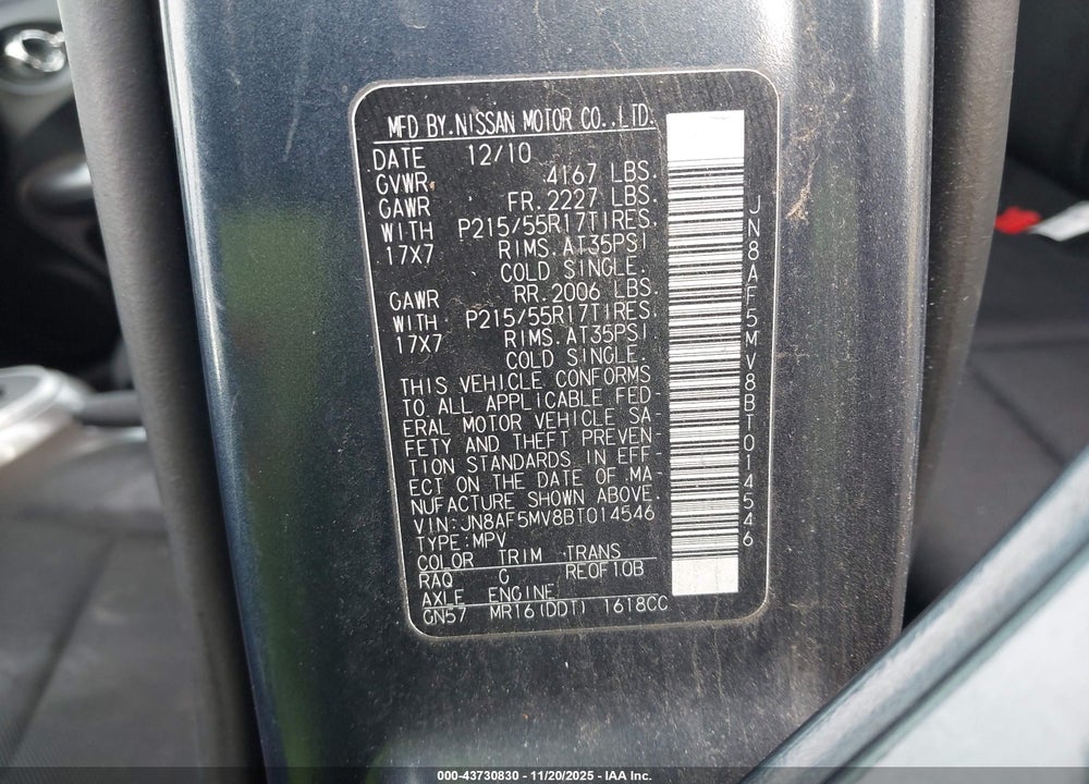 2011 NISSAN JUKE S VIN: JN8AF5MV8BT014546