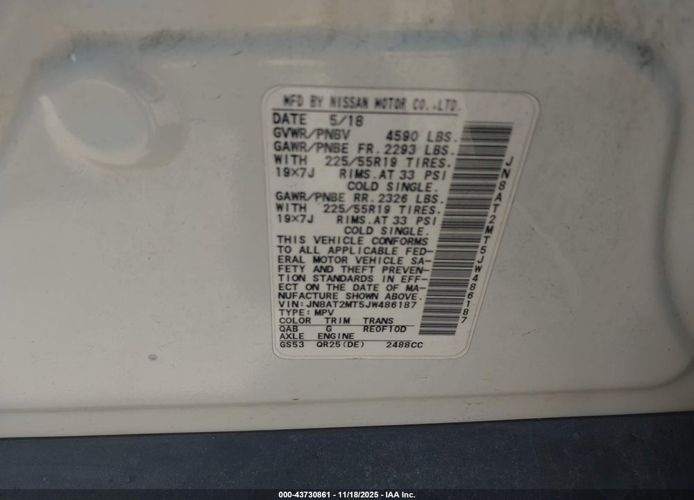 2018 NISSAN ROGUE SL VIN: JN8AT2MT5JW486187