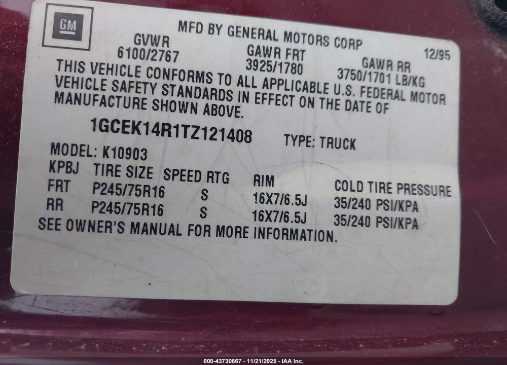 1996 CHEVROLET GMT-400 K1500 VIN: 1GCEK14R1TZ121408